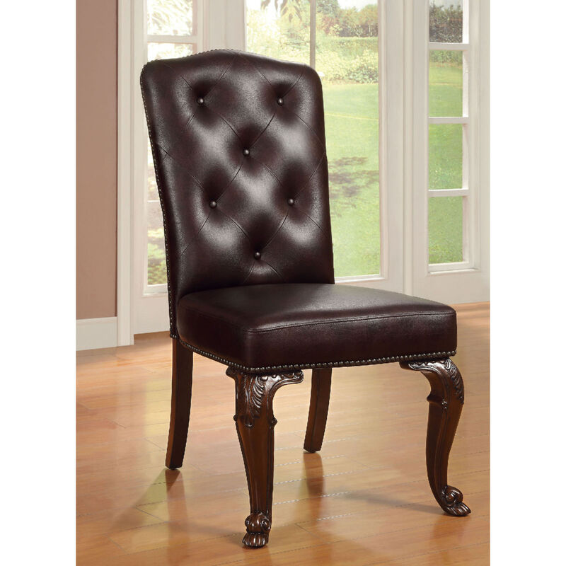 Traditional Formal Set of 2 Side Chairs Brown Cherry Solid wood Chair Padded Leatherette Tufted Upholstered Kitchen Dining Room Furniture
