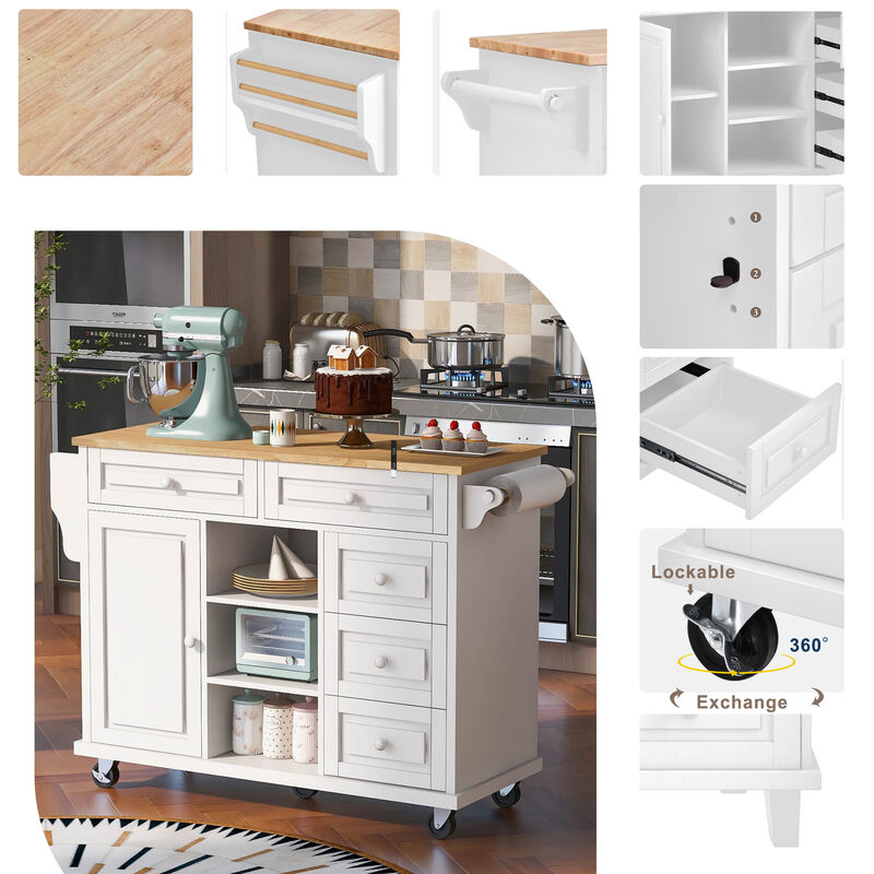 Streamdale Rolling Kitchen Cart With Rubber Wood Desktop And 5 Draws