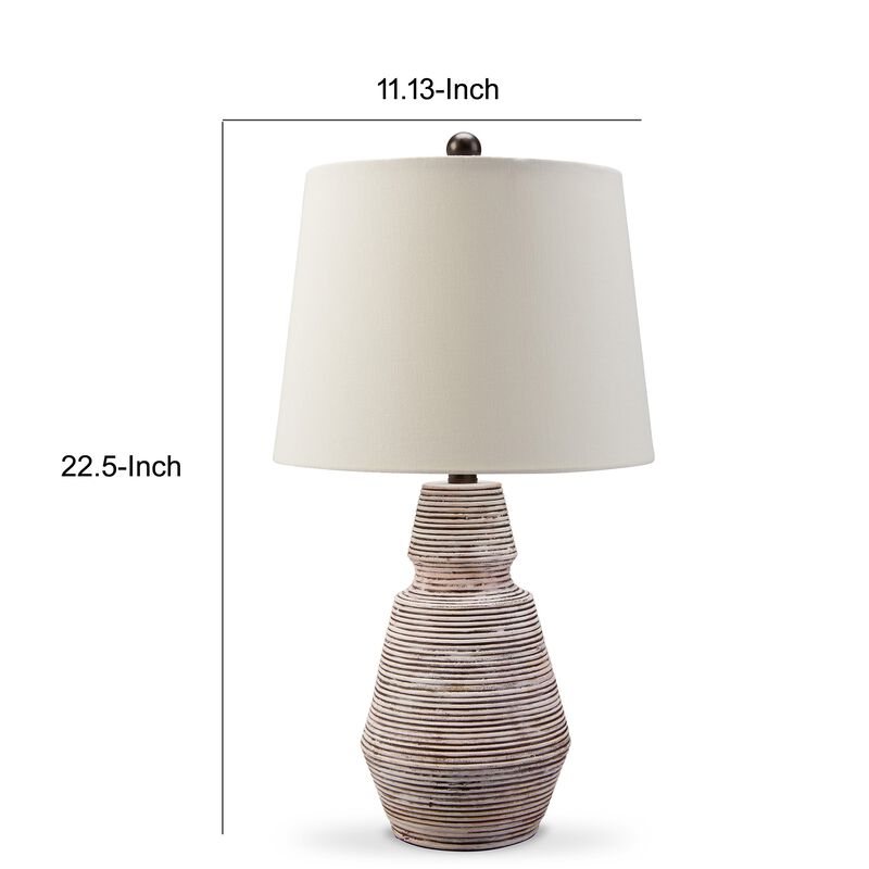Aerd 23 Inch Table Lamp Set of 2, White Drum Shade, Ribbed Base Turned - Benzara