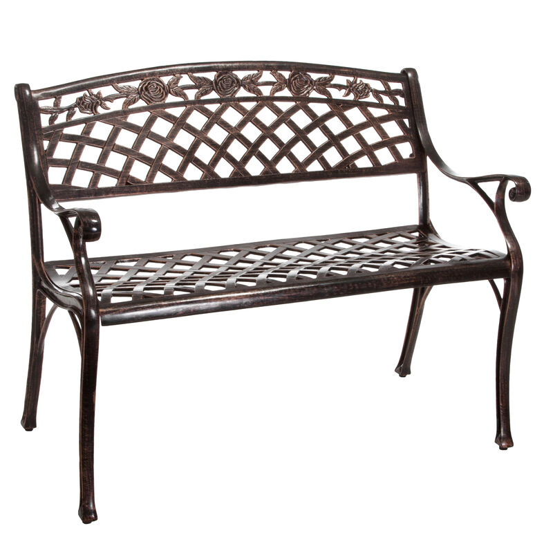 Ornate Cast Aluminum Outdoor Bench with Antique Copper Finish