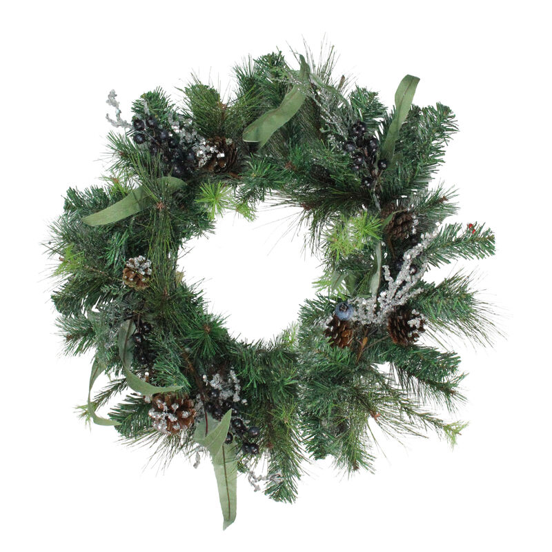 Mixed Pine with Blueberries Pine Cones and Ice Twigs Artificial Christmas Wreath - 24-Inch  Unlit