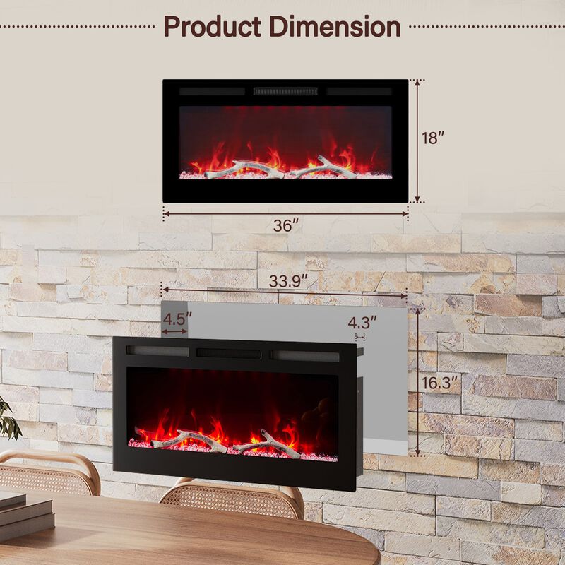 36 Inch 1500W  Versatile Installation Electric Fireplace with Multicolor Flame