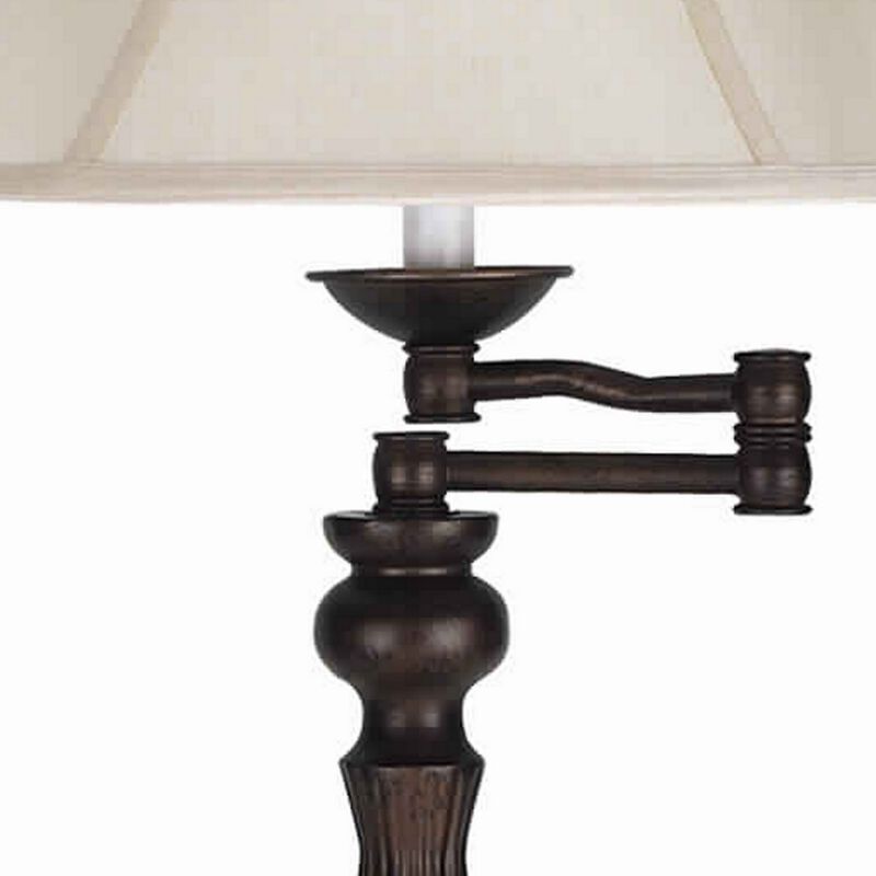 Swing Arm Metal Body Table Lamp with Fabric Bell Shade, Bronze and Beige-Benzara