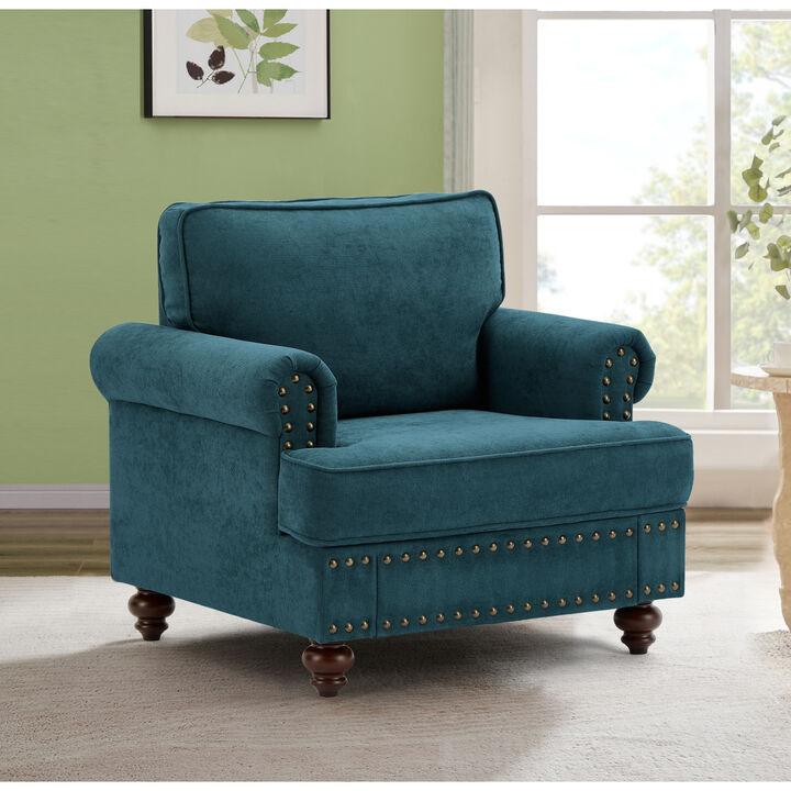 Green Chenille Sectional Sofa with Brown Legs