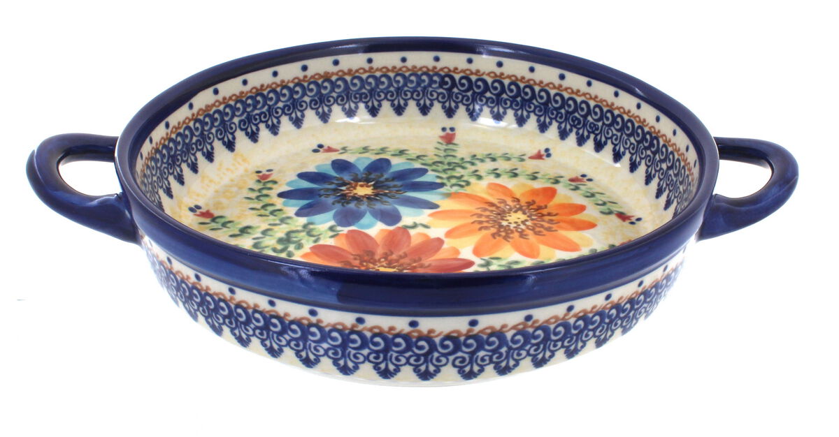 Blue Rose Polish Pottery Garden Tulip Small Round Baker with Handles