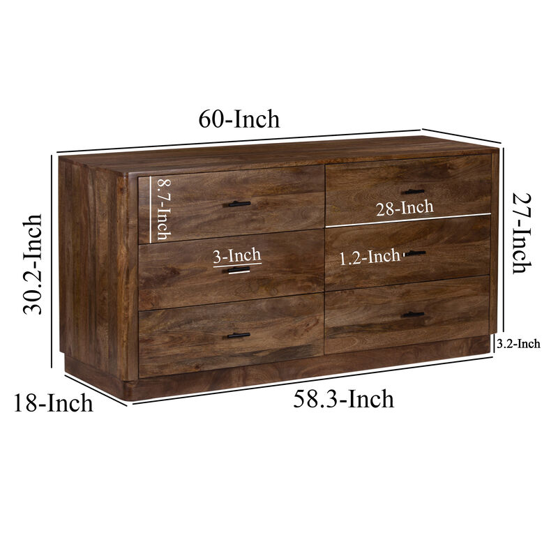Tao Dresser with 6 Drawers, 60 Inch Wide, Handcrafted Walnut Brown Mango Wood