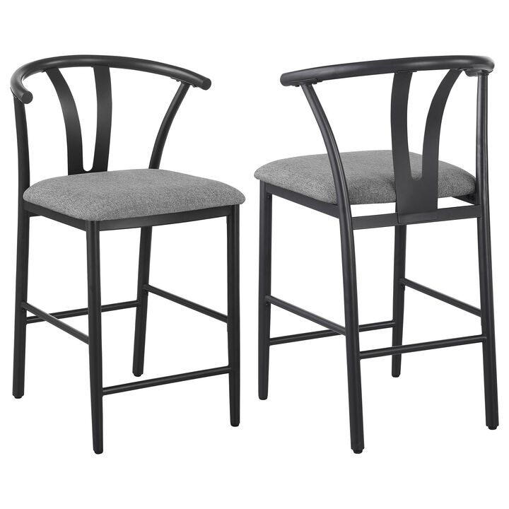 Dola Counter Height Chair Set of 2, Gray Fabric, Black Metal 25 Inch - Benzara