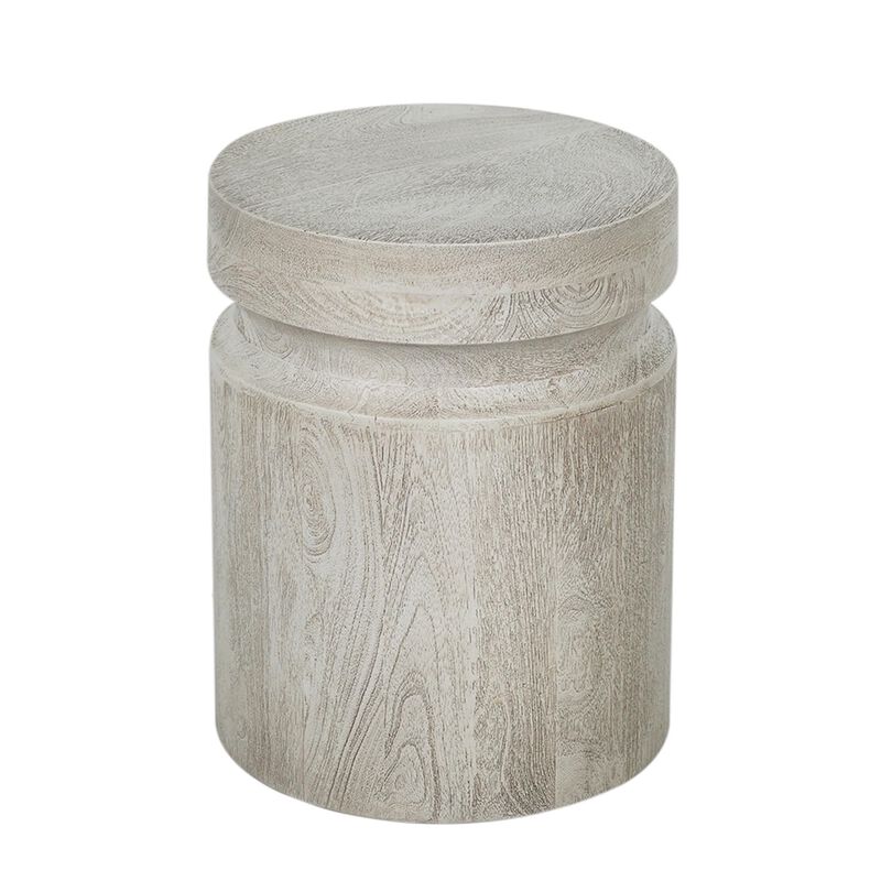 Benjara Kiv 18 Inch Side End Table, Round Mango Wood Top, Carved Accent Base, Gray, Cream