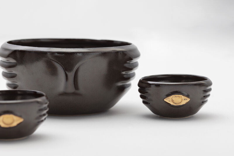 CHICHA Decorative Ceramic Bowls in Dark Green Glaze with Gold Luster Details, Set of 3, by ANDEAN, In Stock
