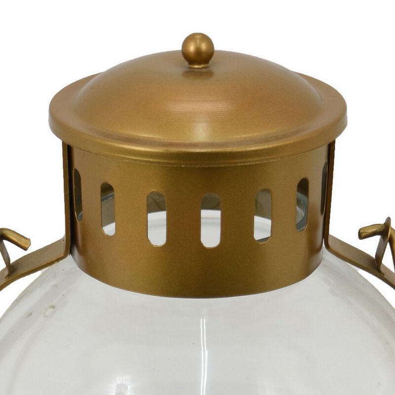 Decorative Lantern, Round Glass Shade, Handle, Golden Metal, 12 Inch - Benzara