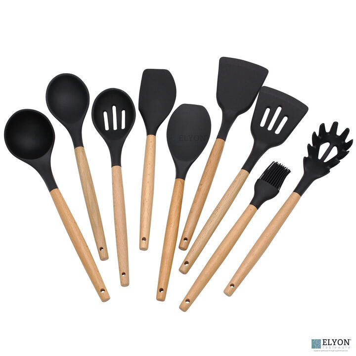 9 Piece Colored Silicone Kitchen Cooking Utensils Set with Wooden Handles