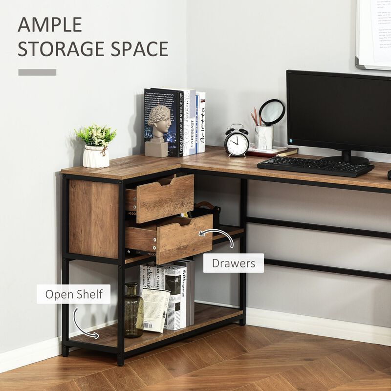 Brown Corner Workstation: L-Shaped Desk with Storage and Drawer