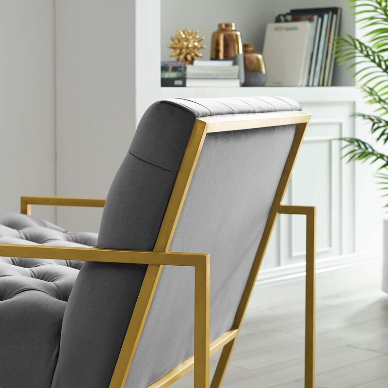Modway Bequest Performance Velvet Upholstered Accent Lounge Arm Chair with Gold Stainless Steel Frame in Gray