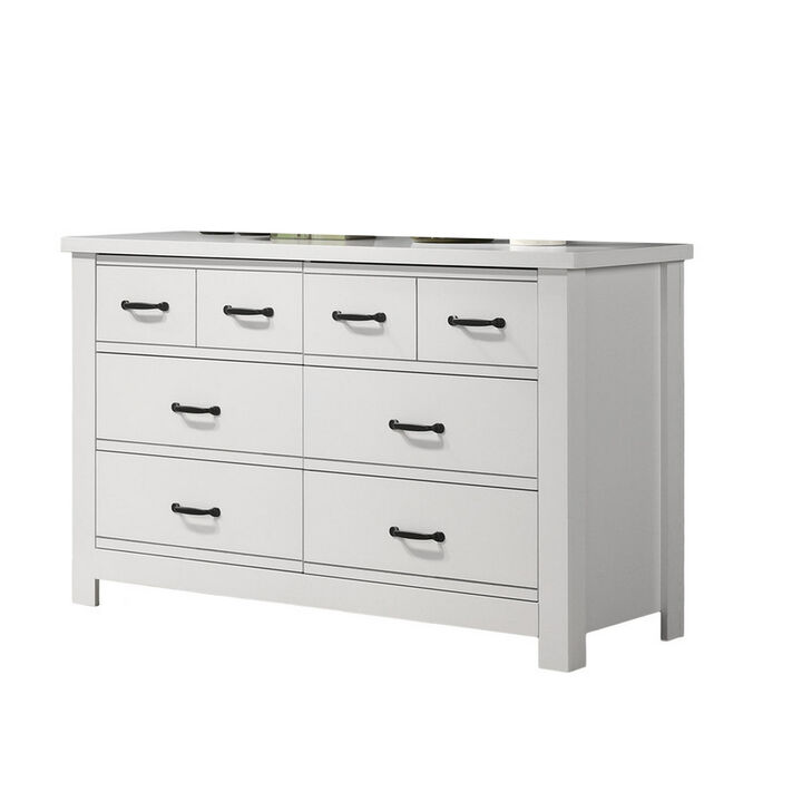 Jermy 51 Inch Wide Dresser, 6 Drawers, Black Handles, Crisp White Finish - Benzara