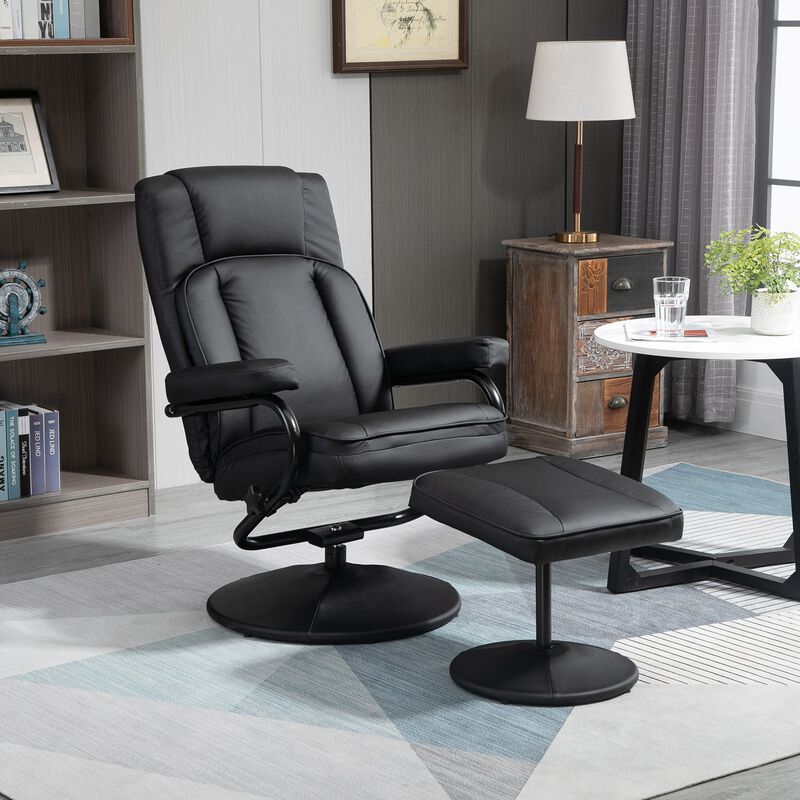 Black Living Room Set: Swivel Recliner with Ottoman in PU Leather