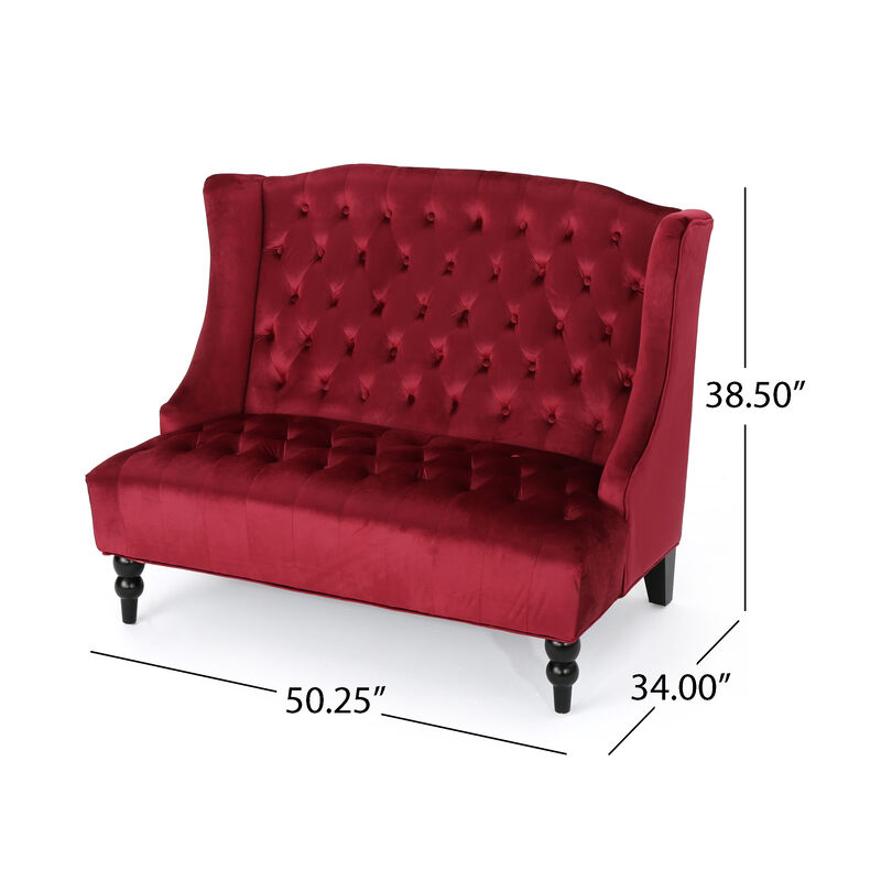 Lanny Loveseat Settee Wingback Bench Bench 50 Inch Tufted Wine Red Velvet - Benzara
