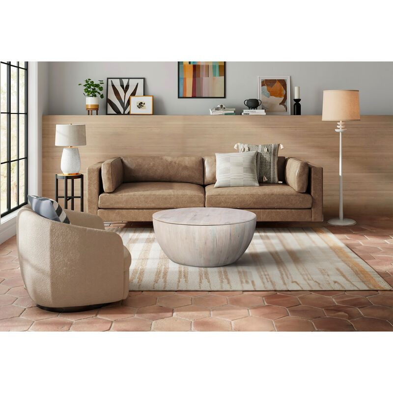 37 Inch Round Coffee Table, Handcrafted Drum Shape with Storage, Washed White Mango Wood - Benzara