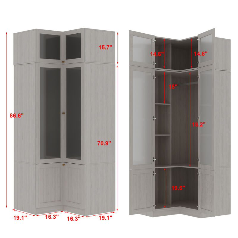 FUFU&GAGA Corner Wardrobe Closet with Frosted Glass Doors and Shelves for Bedroom (86.6" H x 35.4" W x 35.4" D) Brown