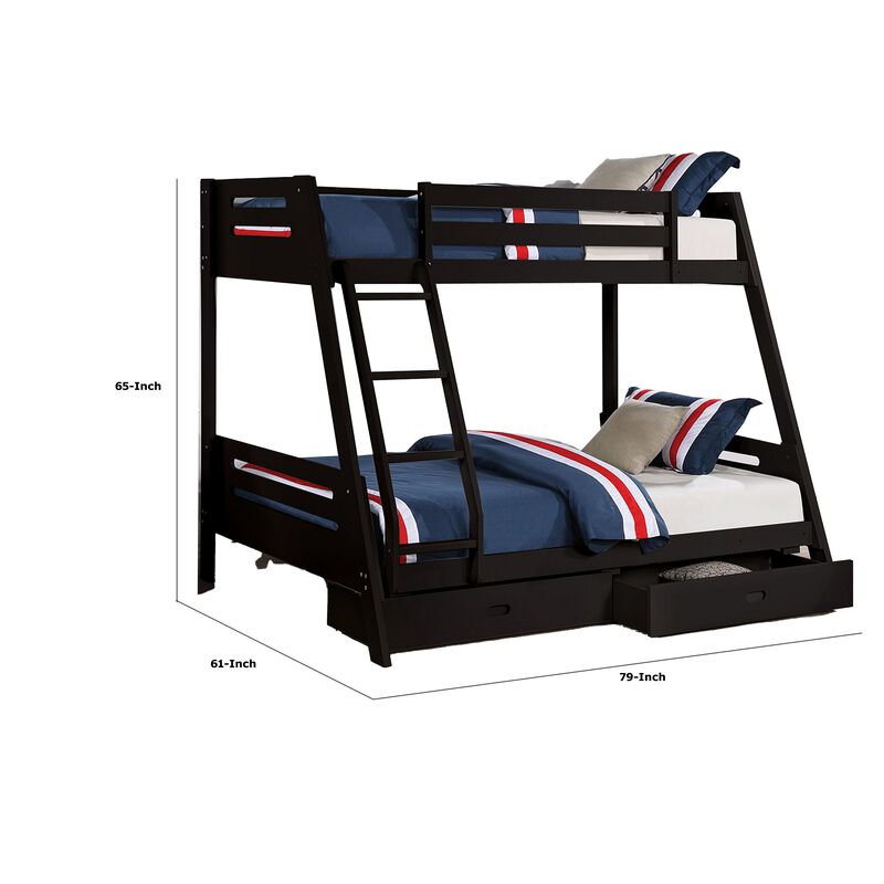 Emily Twin Over Full Bunk Bed with Ladder, 2 Drawers, Black Solid Wood