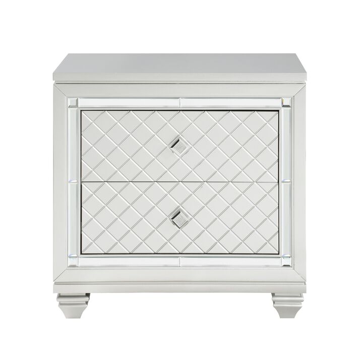 Piros 29 Inch 2 Drawer Nightstand, Diamond Pattern, Mirrored Frame, Silver-Benzara