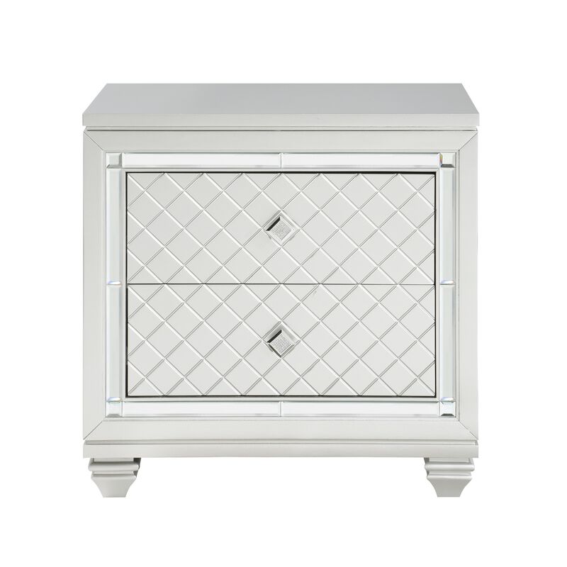 Piros 29 Inch 2 Drawer Nightstand, Diamond Pattern, Mirrored Frame, Silver-Benzara