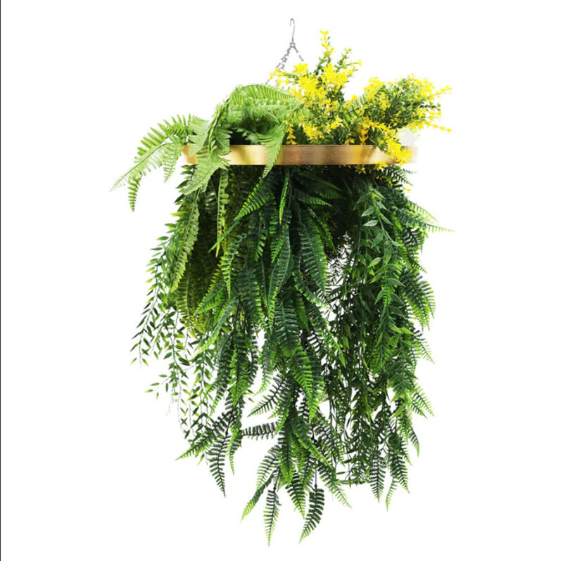 Gold Framed Roof Hanging Disc With Bright Tropical Folaige Mix and Draping Ferns 15.75" UV Resistant