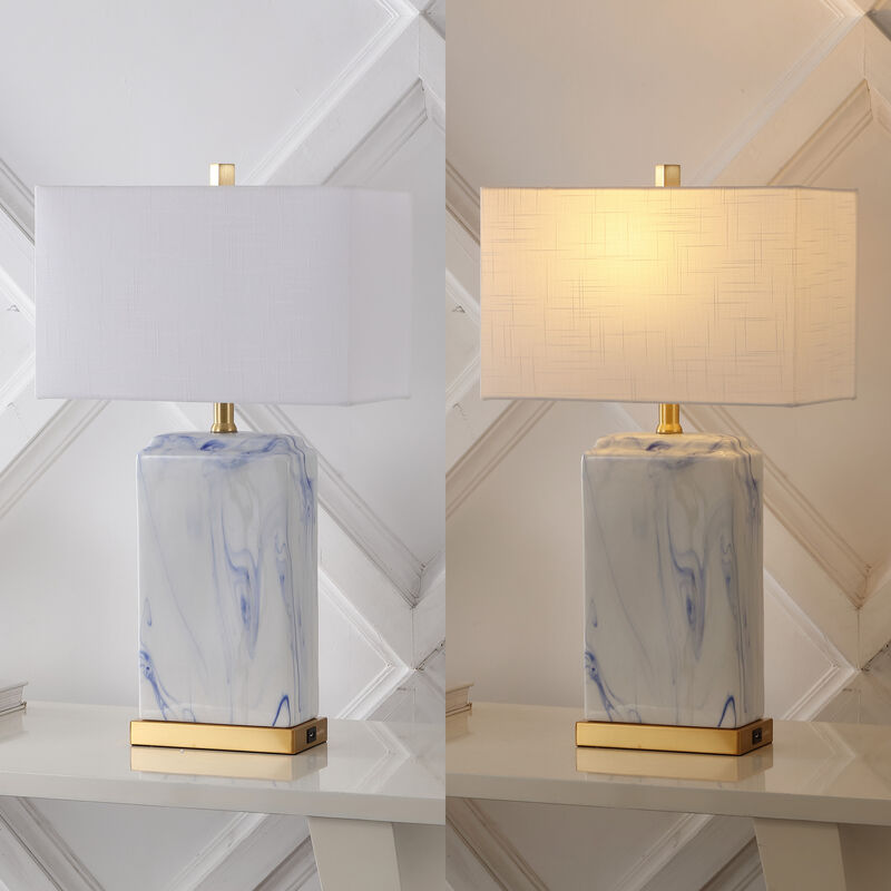 Chloe Modern Coastal Iron/Marbled Ceramic LED Table Lamp with USB Charging Port