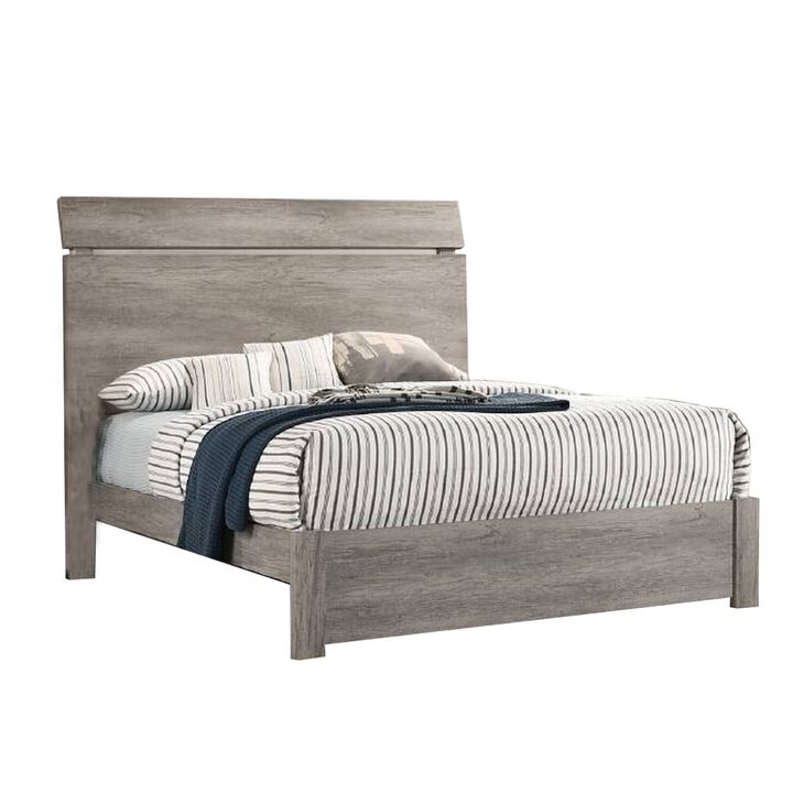 Posy Platform California King Bed, Split Headboard, Distressed Gray Wood - Benzara