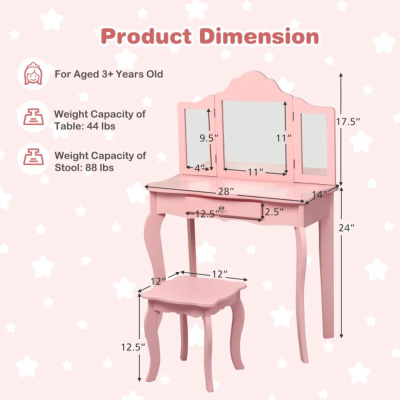 Hivvago Kids Makeup Dressing Mirror Vanity Table Stool Set-Pink