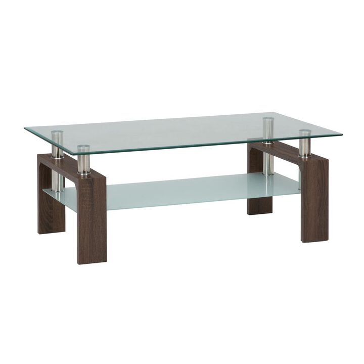 Jofran Compass Clear Modern Glass Rectangle 48 Coffee Table, Brown Wood and Glass
