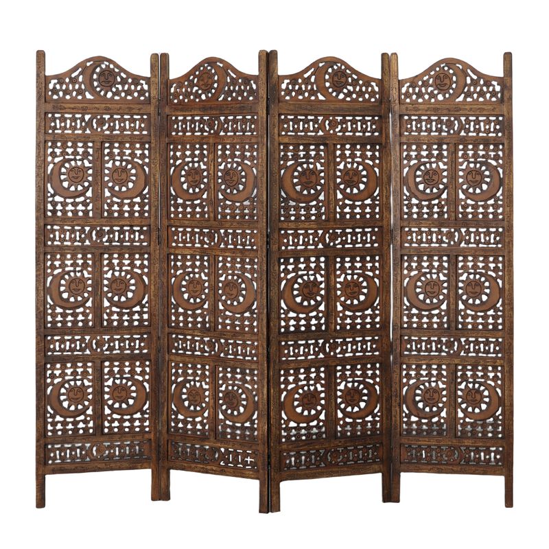 71 Inch 4 Panel Mango Wood Room Divider, Hand Carved, Sun & Moon Design, Brown-Benzara