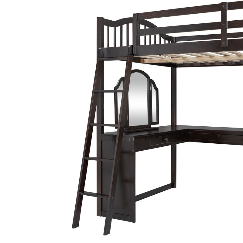 Wooden Loft Bed with U-Shaped Desk, Storage Compartments, and Tri-Fold Mirror