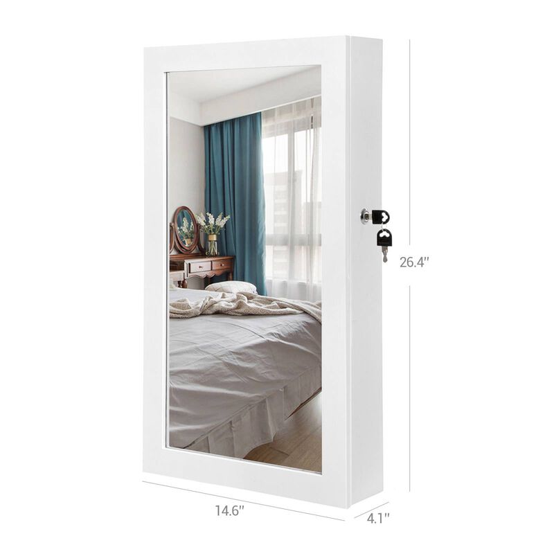 Lockable Jewelry Cabinet Armoire Wall-Mounted Space-Saving Organizer with Mirror in White