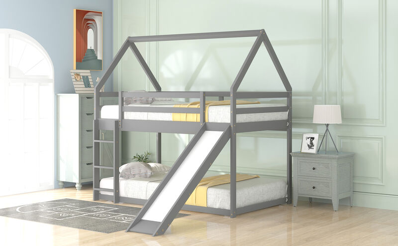 Kids' Bunk House Bed with Fun Slide and Easy-Climb Ladder