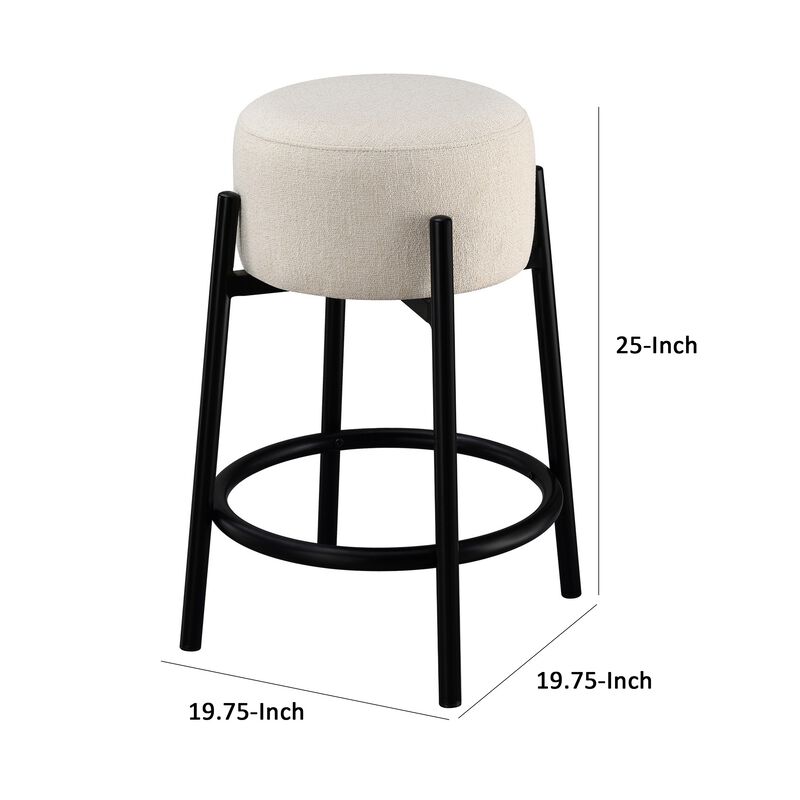 25 Inch Set of 2 Round Counter Height Stools, Black, White Fabric Pouf Seat-Benzara
