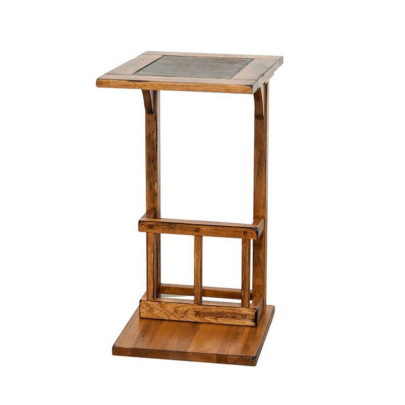 Marv Side Table with Magazine Rack, 13 Inch, Rustic Oak Finish Wood - Benzara