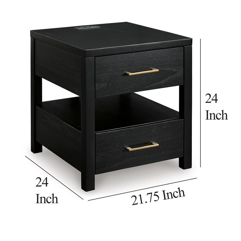Wendy Side End Table, Open Cubby, Dual USB Ports, 24 Inch Black Wood - Benzara