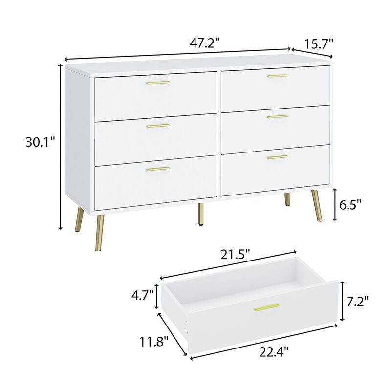 54” 6 Drawer Dresser, Modern 6-Drawer Chest with Gold Metal Handles, Bedroom Dresser with Gold Metal Legs, for Living Room Entryway (54”W x 15.7”D x 30.1”H)