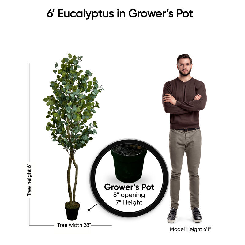 Handmade 6' Artificial Eucalyptus Tree In Home Basics Plastic Pot Made with Real Wood and Moss Accents