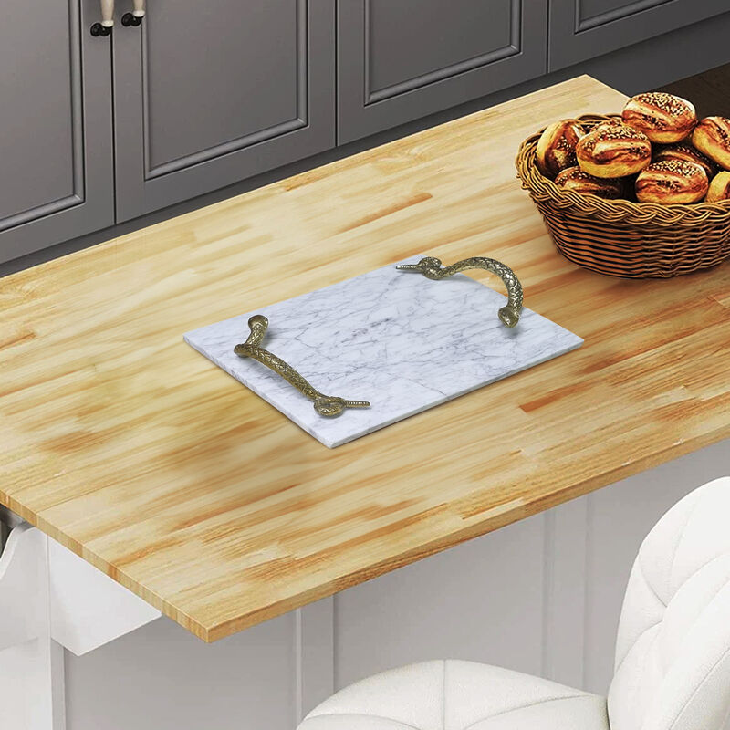 Mamba White Marble Decorative Serving Tray with Brass Snake Handles - Benzara