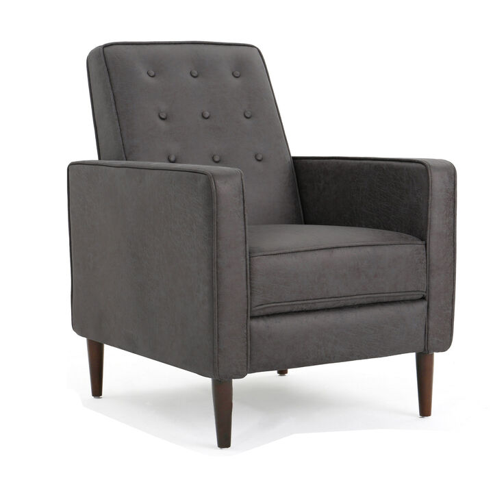 Dupe Manual Recliner Chair, Button Tufted Dark Gray Plush Fabric - Benzara