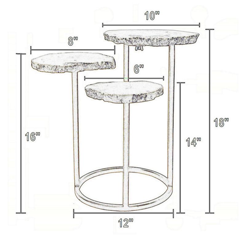 Benjara 18 Inch Accent Side Table, 3 Tier Design, Agate Top, Iron Base, White and Gold