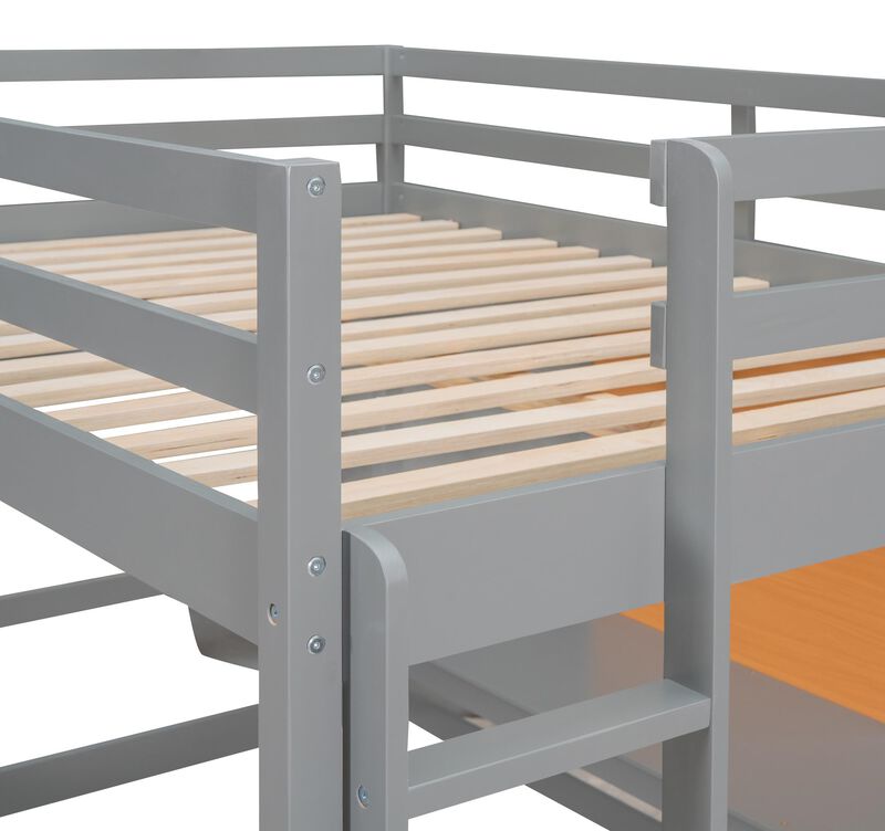 Loft Bed with Desk and Writing Board, Wooden Bed with 2-Drawer Cabinet for Storage