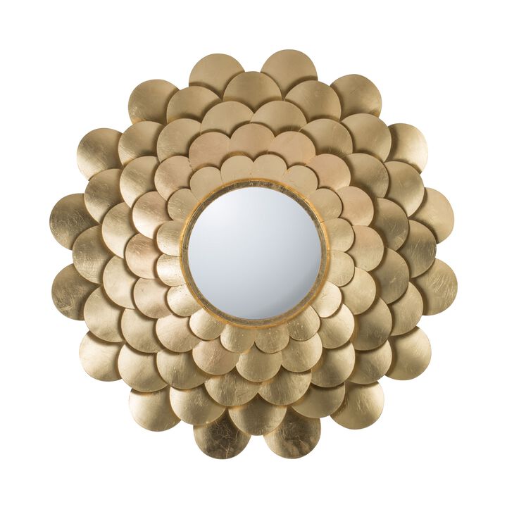 32 Inch Round Wall Mount Mirror, Blooming Flower Decor, Gold Finished Iron-Benzara