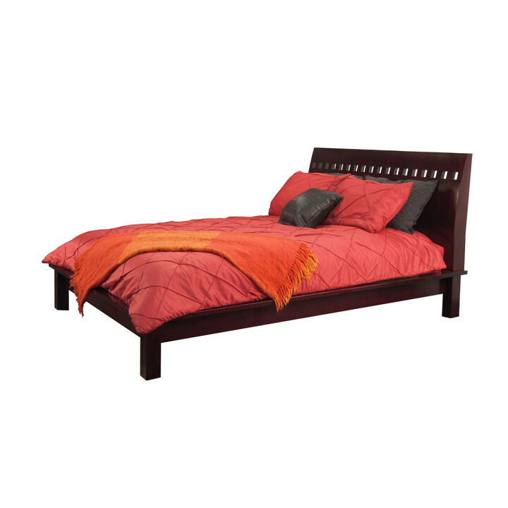 Mox California King Platform Bed, Espresso Wood, Cut Out Headboard Design - Benzara