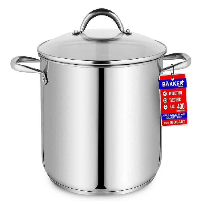 Bakken-Swiss Deluxe 16-Quart Stainless Steel Stockpot w/Tempered Glass See-Through Lid - Simmering Delicious Soups Stews & Induction Cooking - Exceptional Heat Distribution - Heavy-Duty & Food-Grade