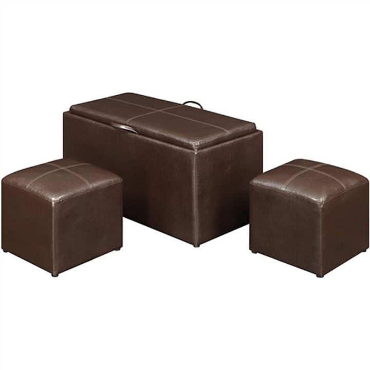 Storage Bench Coffee Table – Faux Leather with 2 Included Ottomans for Living Room