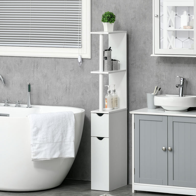 Bathroom Storage Cabinet Slim Freestanding Linen Tower Cabinet w/ Shelf White