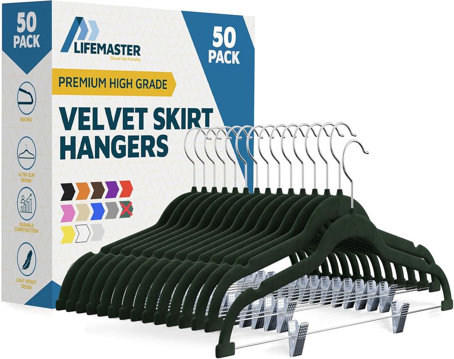 Velvet Skirt Hangers – with Adjustable Clips, 360 Degree Swivel Hook, and Non-Slip Shoulder Notch, Holds Up to 10 lbs, for Organizing Skirt, Pants, Dress, and Clothes, Pack of 50, Green