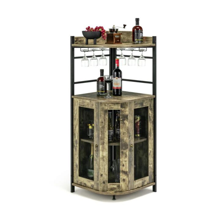 Hivvago Industrial Corner Bar Cabinet with Glass Holder and Adjustable Shelf